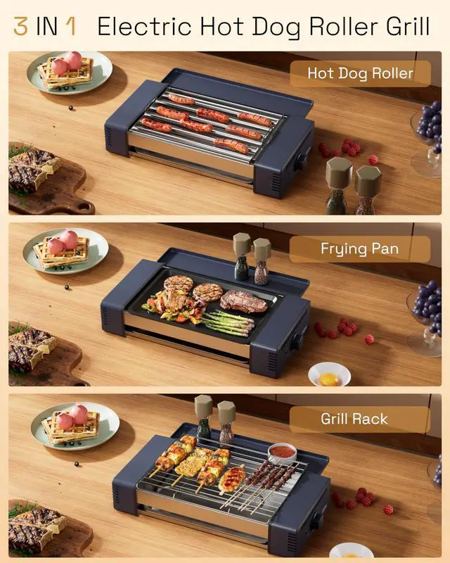 Alt view image 2 of 7 - 3-in-1 Hot Dog Roller Grill Machine with Nonstick Plate & Grill Rack, 800W Compact Indoor Electric Sausage Griller for Kitchen, Home, Small Space Use (Royal Blue)