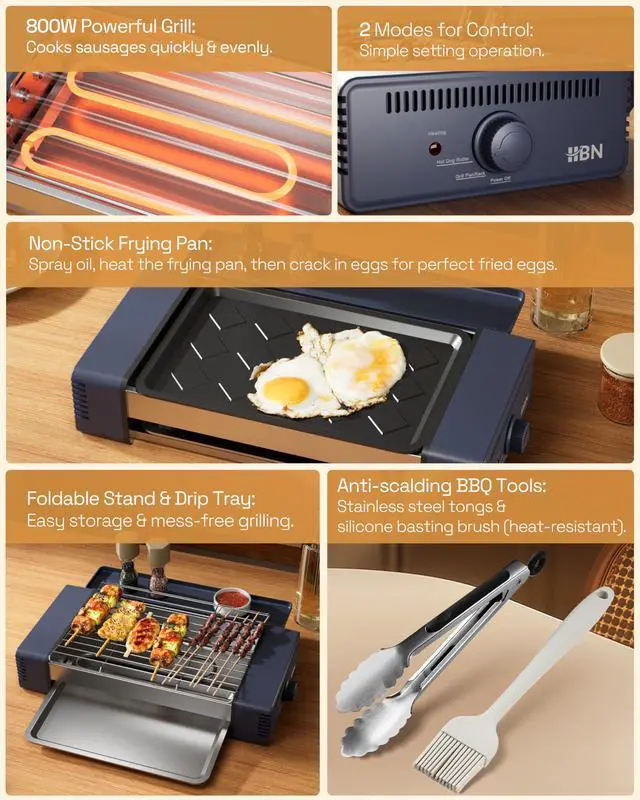 Alt view image 3 of 7 - 3-in-1 Hot Dog Roller Grill Machine with Nonstick Plate & Grill Rack, 800W Compact Indoor Electric Sausage Griller for Kitchen, Home, Small Space Use (Royal Blue)