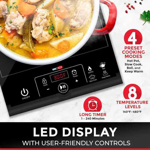 Alt view image 3 of 7 - Mueller RapidTherm Portable Induction Cooktop, 1800W Hot Plate Electric Stove Top Burner. 8 Temp Levels, Auto-Off & Pot Detection, LED Display, Child Lock, 4 Programs, Burners for Cooking