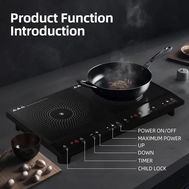 Alt view image 2 of 7 - Double Induction Cooktop,Portable Induction Cooker with 2 Burner Independent Control,Ultrathin Body,10 Temperature,1800W-Multiple Power Levels,3 Hour Timer,Safety Lock