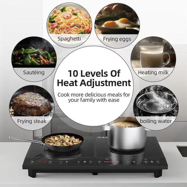 Alt view image 4 of 7 - Double Induction Cooktop,Portable Induction Cooker with 2 Burner Independent Control,Ultrathin Body,10 Temperature,1800W-Multiple Power Levels,3 Hour Timer,Safety Lock