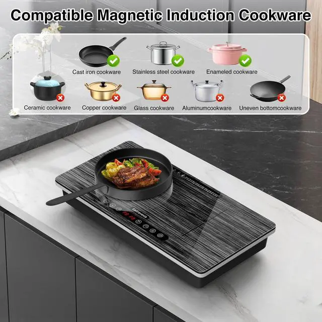 Alt view image 3 of 7 - Double Induction Cooktop, 1800W Portable Electric Stove, 18 Inch Sensor Touch Electric Cooker Hot Plate, 5.91" Heating Coil, Child Lock, 8 Power Levels, 110v Outlet Plug with Glass Surface