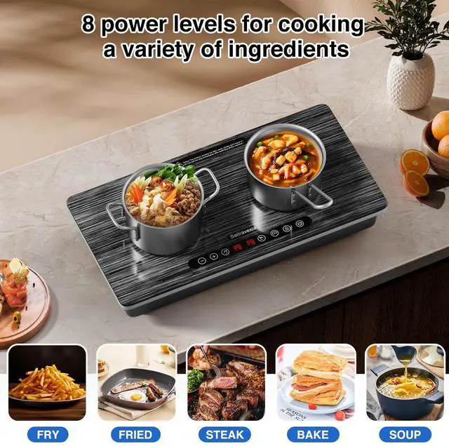 Alt view image 4 of 7 - Double Induction Cooktop, 1800W Portable Electric Stove, 18 Inch Sensor Touch Electric Cooker Hot Plate, 5.91" Heating Coil, Child Lock, 8 Power Levels, 110v Outlet Plug with Glass Surface