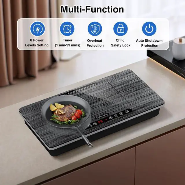 Alt view image 5 of 7 - Double Induction Cooktop, 1800W Portable Electric Stove, 18 Inch Sensor Touch Electric Cooker Hot Plate, 5.91" Heating Coil, Child Lock, 8 Power Levels, 110v Outlet Plug with Glass Surface
