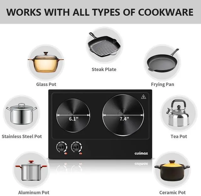 Alt view image 2 of 7 - Hot Plate, 1800W Electric Burner Double Hot Plate for Cooking Countertop Burner with Adjustable Temperature Control, Portable Electric Cast Iron Hot Plates Cooktop, Easy to Clean, Black