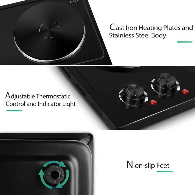 Alt view image 3 of 7 - Hot Plate, 1800W Electric Burner Double Hot Plate for Cooking Countertop Burner with Adjustable Temperature Control, Portable Electric Cast Iron Hot Plates Cooktop, Easy to Clean, Black