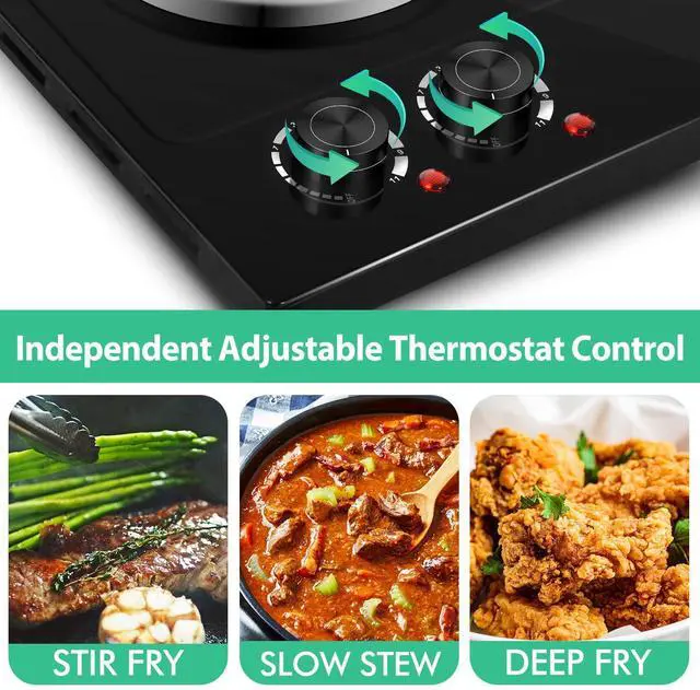 Alt view image 4 of 7 - Hot Plate, 1800W Electric Burner Double Hot Plate for Cooking Countertop Burner with Adjustable Temperature Control, Portable Electric Cast Iron Hot Plates Cooktop, Easy to Clean, Black