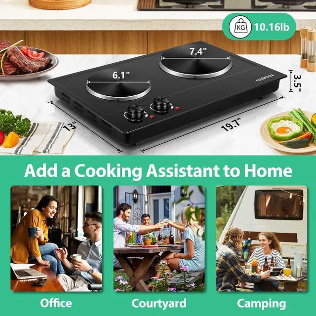 Alt view image 5 of 7 - Hot Plate, 1800W Electric Burner Double Hot Plate for Cooking Countertop Burner with Adjustable Temperature Control, Portable Electric Cast Iron Hot Plates Cooktop, Easy to Clean, Black