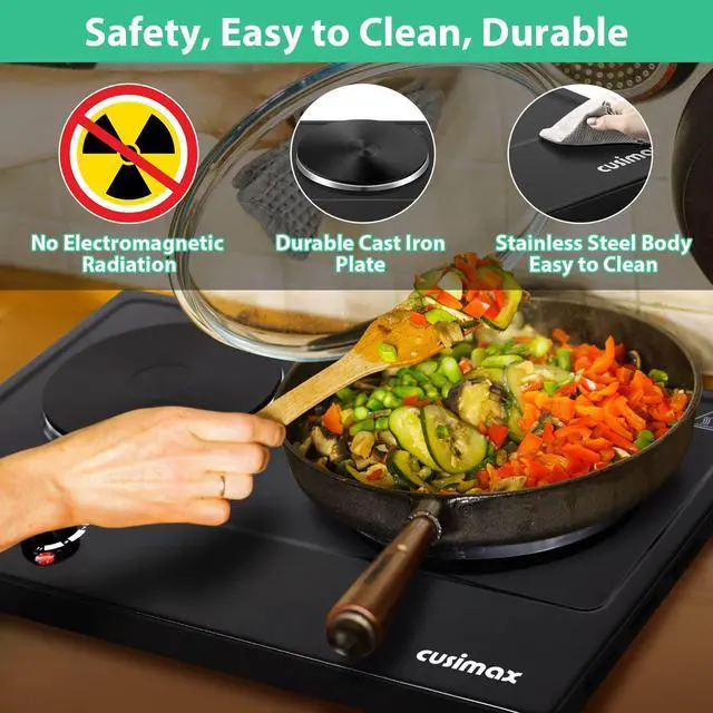 Alt view image 7 of 7 - Hot Plate, 1800W Electric Burner Double Hot Plate for Cooking Countertop Burner with Adjustable Temperature Control, Portable Electric Cast Iron Hot Plates Cooktop, Easy to Clean, Black