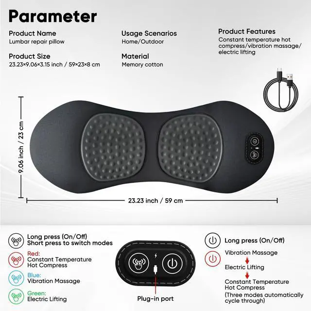 Alt view image 7 of 7 - 3 in 1 Upadate Rechargeable Electric Lumbar Support Pillow with Adjustable Height for Bed and Chair,Back Massager with Heat,Back Massager for Pain Relief Deep Tissue,Waist Wedge Bolster (Black)