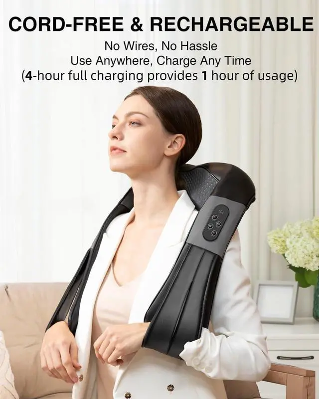 Alt view image 2 of 7 - Cordless Shiatsu Neck and Back Massager with Soothing Heat, Rechargeable Electric Deep Tissue 3D Kneading Massage Pillow for Shoulder Leg Body Muscle Pain Relief, 3 Speed Intensities