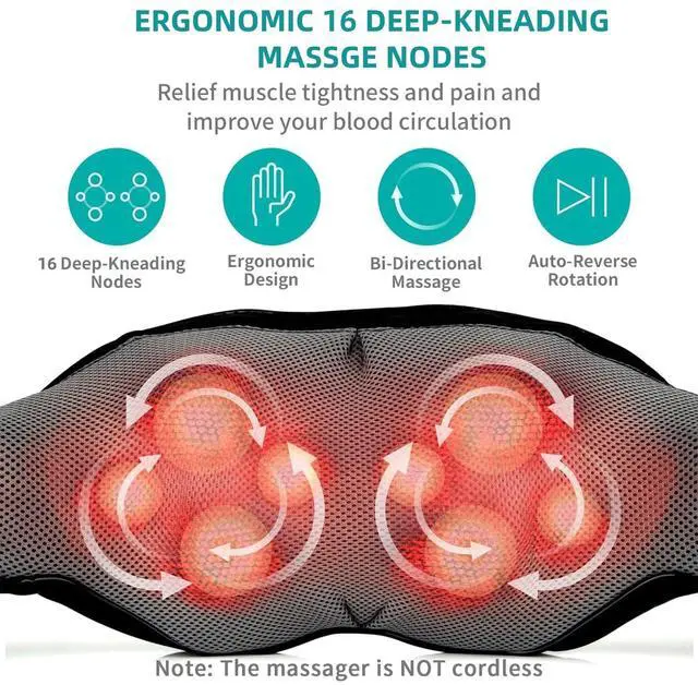 Alt view image 3 of 7 - Cordless Shiatsu Neck and Back Massager with Soothing Heat, Rechargeable Electric Deep Tissue 3D Kneading Massage Pillow for Shoulder Leg Body Muscle Pain Relief, 3 Speed Intensities