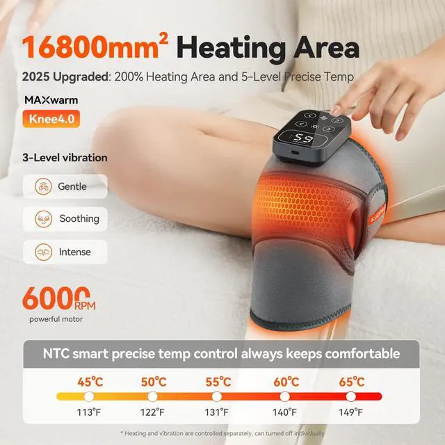 Alt view image 2 of 7 - Cordless Knee Massager with Heat Vibration for Pain Relief, MAXwarm 4.0[2025 Upgraded] - Electric Heated Knee Brace with 5 Heat Levels and 3 Massage Mode, Gifts for Men Women (Grey, Pair)