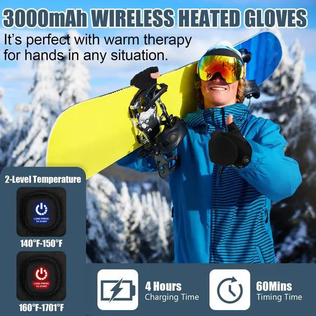 Alt view image 4 of 7 - Heated Gloves for Men Women, Rechargeable Full & Half Hands Electric Gloves Heated Fingerless Touchscreen Gloves Heated Winter Hand Warmer for Work Cycling Skiing Outdoor Snow (Large)