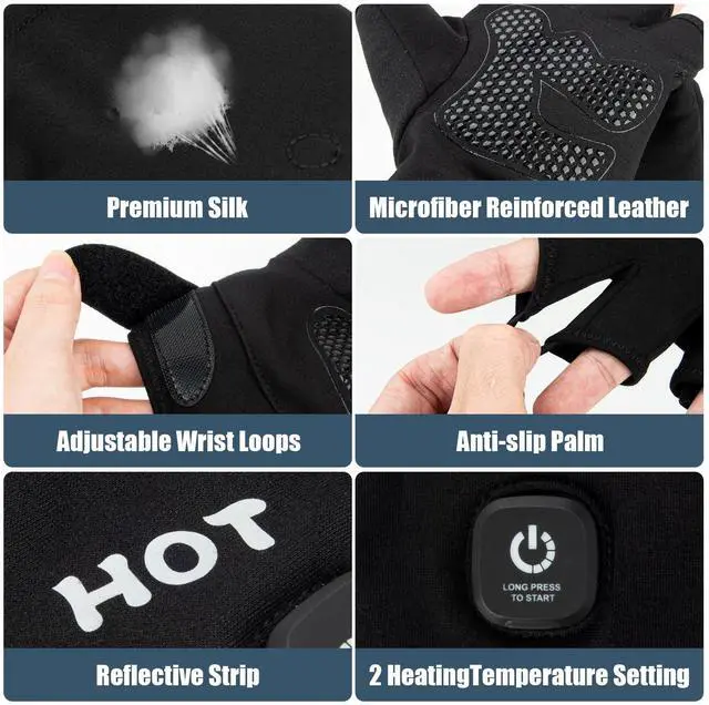 Alt view image 7 of 7 - Heated Gloves for Men Women, Rechargeable Full & Half Hands Electric Gloves Heated Fingerless Touchscreen Gloves Heated Winter Hand Warmer for Work Cycling Skiing Outdoor Snow (Large)