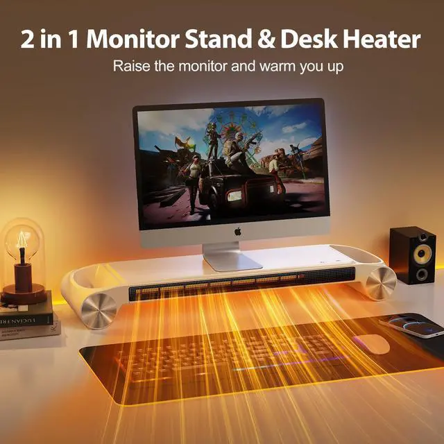 Alt view image 2 of 6 - Desk Heater for Office 330W - 2 in 1 Monitor Stand Desk Heater with Timer 2 Heat Levels USB Ports - Quiet Keyboard Office Hand Warmer - White
