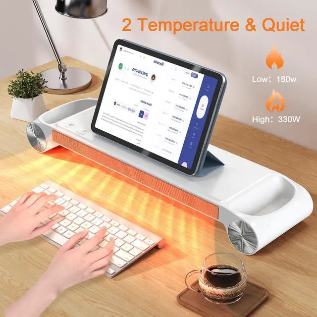Alt view image 4 of 6 - Desk Heater for Office 330W - 2 in 1 Monitor Stand Desk Heater with Timer 2 Heat Levels USB Ports - Quiet Keyboard Office Hand Warmer - White