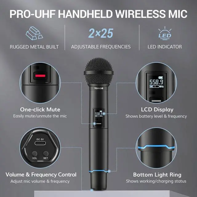 Alt view image 7 of 7 - Rechargeable Wireless Microphones, Metal Bluetooth Handheld Cordless Mic System with Receiver, 2x25 UHF Professional Dynamic Mic for Karaoke, Church, Singing, Wedding, Meeting, DJ, 328ft TW720