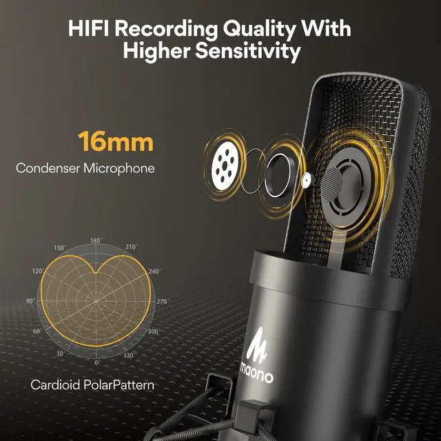 Alt view image 2 of 7 - USB Microphone,  192KHZ/24Bit Plug & Play PC Computer Podcast Condenser Cardioid Metal Mic Kit with Professional Sound Chipset for Recording, Gaming, Singing, YouTube (AU-A04)