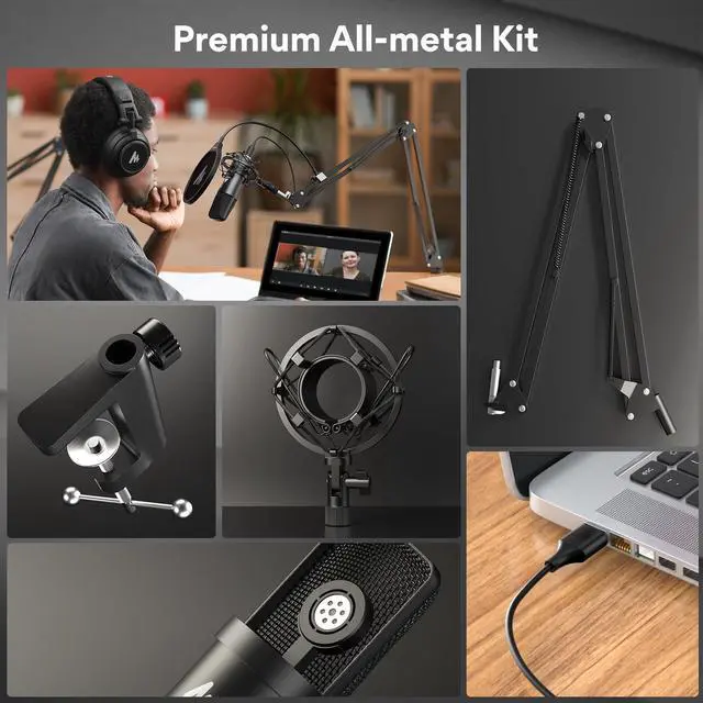 Alt view image 5 of 7 - USB Microphone,  192KHZ/24Bit Plug & Play PC Computer Podcast Condenser Cardioid Metal Mic Kit with Professional Sound Chipset for Recording, Gaming, Singing, YouTube (AU-A04)