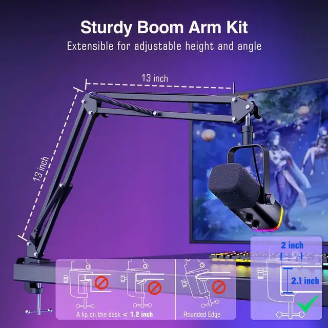 Alt view image 6 of 7 - XLR/USB Gaming Microphone Set, Dynamic PC Mic for Streaming Podcasting, Computer RGB Mic Kit with Boom Arm Stand, Mute Button, Headphones Jack, for Recording Vocal Voice-Over-AmpliGame AM8T