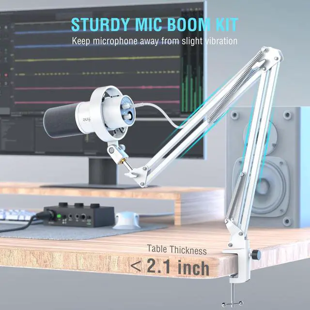 Alt view image 2 of 7 - Dynamic Microphone with Boom Arm, Studio Vocal XLR Microphone, Podcast USB Mic Kit for PC with Mute Button, Volume Knob, Headphone Jack, for Streaming Recording-AmpliTank K688CT White
