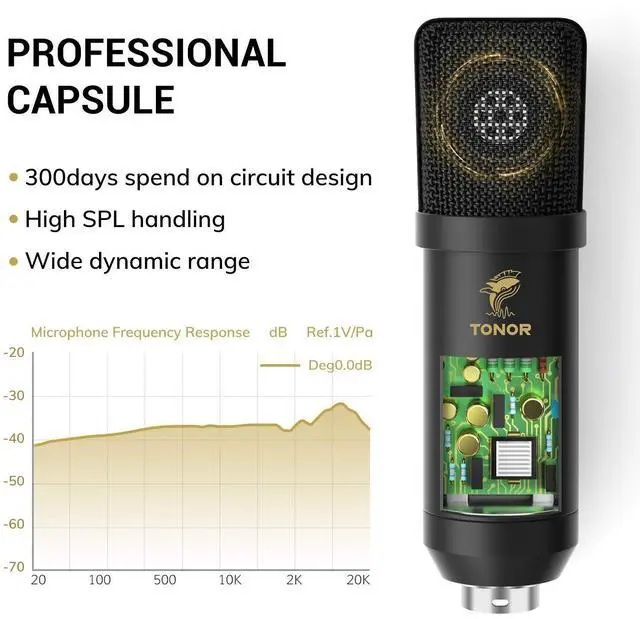 Alt view image 3 of 6 - XLR Condenser Microphone,  Professional Cardioid Studio Mic Kit with T20 Boom Arm, Shock Mount, Pop Filter for Recording, Podcasting, Voice Over, Streaming, Home Studio, YouTube (TC20)