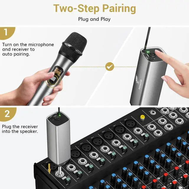 Alt view image 4 of 7 - Wireless Microphones, UHF Dual Cordless Metal Dynamic Mic System with Rechargeable Receiver, for Karaoke Singing, Wedding, DJ, Party, Speech, Church, Class Use, 200ft TW630 Silver