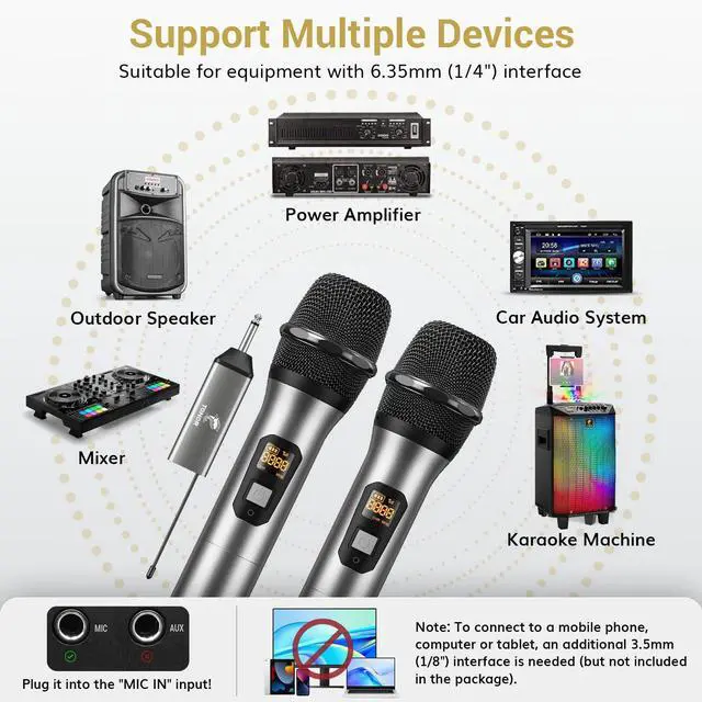 Alt view image 5 of 7 - Wireless Microphones, UHF Dual Cordless Metal Dynamic Mic System with Rechargeable Receiver, for Karaoke Singing, Wedding, DJ, Party, Speech, Church, Class Use, 200ft TW630 Silver