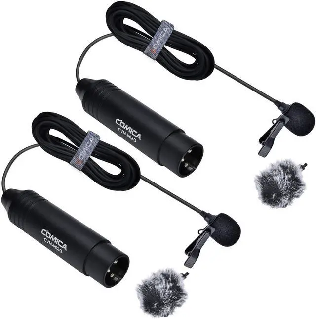 Main image of XLR Microphone CVM-V02O 2 Pack 14.76 fts Phantom Power Omni-Directional Lavalier Lapel Microphone for Canon Sony Panasonic Camcorders Zoom H4n H5 H6 Tascam DR-40 DR-60D DR-70D DR-100 Recorders