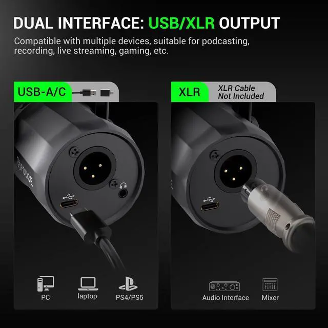 Alt view image 4 of 7 - Dynamic Microphone, XLR/USB Podcast Recording PC Microphone for Vocal Voice-Over Streaming, Studio Metal Mic with Mute, Headphone Jack, Monitoring Volume Control, with Boom Arm (SL40+)