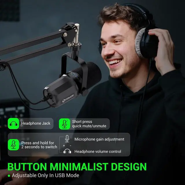 Alt view image 3 of 7 - Dynamic Microphone, XLR/USB Podcast Recording PC Microphone for Vocal Voice-Over Streaming, Studio Metal Mic with Mute, Headphone Jack, Monitoring Volume Control, with Boom Arm (SL40+)