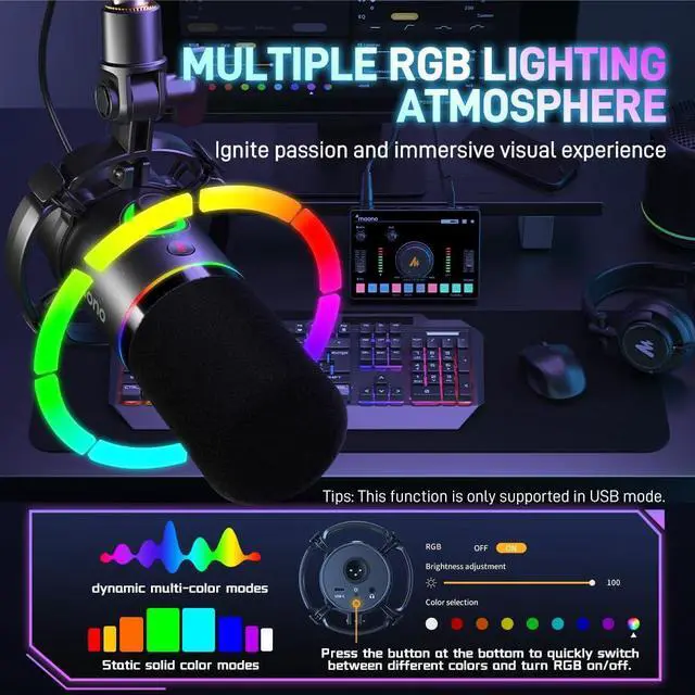 Alt view image 4 of 7 - XLR/USB Dynamic Microphone, RGB Gaming Mic with Software, Mute, Gain Knob, Volume Control and Headphone Jack for Streaming, Podcasting, Recording-PD200X (Black)