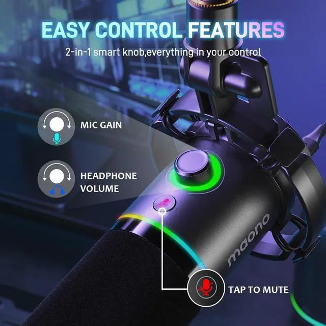 Alt view image 5 of 7 - XLR/USB Dynamic Microphone, RGB Gaming Mic with Software, Mute, Gain Knob, Volume Control and Headphone Jack for Streaming, Podcasting, Recording-PD200X (Black)