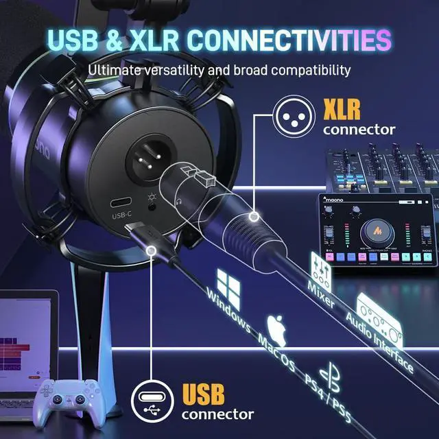Alt view image 6 of 7 - XLR/USB Dynamic Microphone, RGB Gaming Mic with Software, Mute, Gain Knob, Volume Control and Headphone Jack for Streaming, Podcasting, Recording-PD200X (Black)