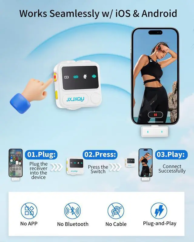 Alt view image 3 of 7 - Wireless Microphone for iPhone Mini Lav Mic with Smart Noise Reduction, Reverb Effect, 30H Battery Life, Suitable for Podcast, Vlogging, Streaming - Ideal for Content Creators and Streamers