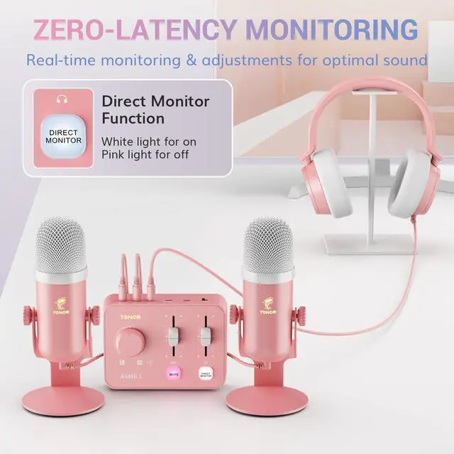 Alt view image 5 of 7 - ASMR Microphone Equipment Bundle With Audio Interface, Immersive 3D Stereo, Dual Condenser Mics With Mixer, Clear Sound, Volume Control, Furry Windscreens, Set for ASMR, Pink
