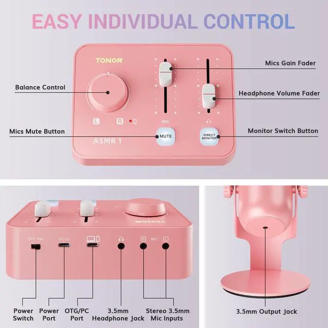 Alt view image 6 of 7 - ASMR Microphone Equipment Bundle With Audio Interface, Immersive 3D Stereo, Dual Condenser Mics With Mixer, Clear Sound, Volume Control, Furry Windscreens, Set for ASMR, Pink