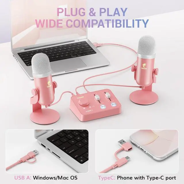 Alt view image 2 of 7 - ASMR Microphone Equipment Bundle With Audio Interface, Immersive 3D Stereo, Dual Condenser Mics With Mixer, Clear Sound, Volume Control, Furry Windscreens, Set for ASMR, Pink