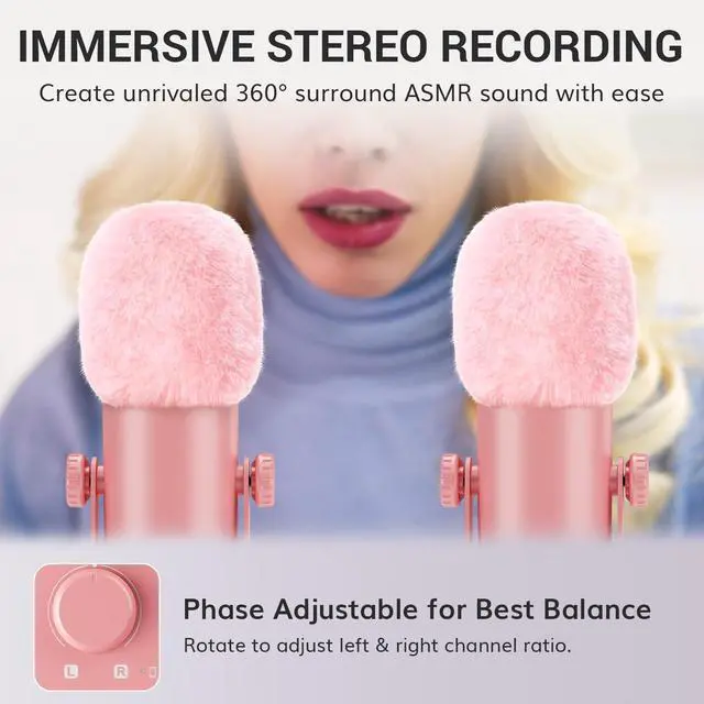 Alt view image 4 of 7 - ASMR Microphone Equipment Bundle With Audio Interface, Immersive 3D Stereo, Dual Condenser Mics With Mixer, Clear Sound, Volume Control, Furry Windscreens, Set for ASMR, Pink