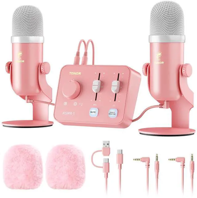 Main image of ASMR Microphone Equipment Bundle With Audio Interface, Immersive 3D Stereo, Dual Condenser Mics With Mixer, Clear Sound, Volume Control, Furry Windscreens, Set for ASMR, Pink