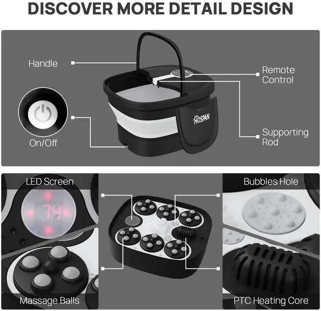 Alt view image 5 of 7 - Collapsible Foot Spa Electric Rotary Massage, Foot Bath with Heat, Bubble, Remote, and 24 Motorized Shiatsu Massage Balls. Pedicure Foot Spa for Feet Stress Relief - FS02A
