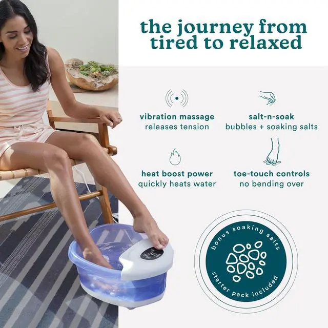 Alt view image 5 of 6 - Salt-N-Soak Footbath with Heat Boost and Soaking Salt Starter Kit, 4 Soothing Massage Rollers, Toe-Touch Controls, Splash Guard, Bubble, Vibration Massage, Bath Salt Dispenser, LED Display