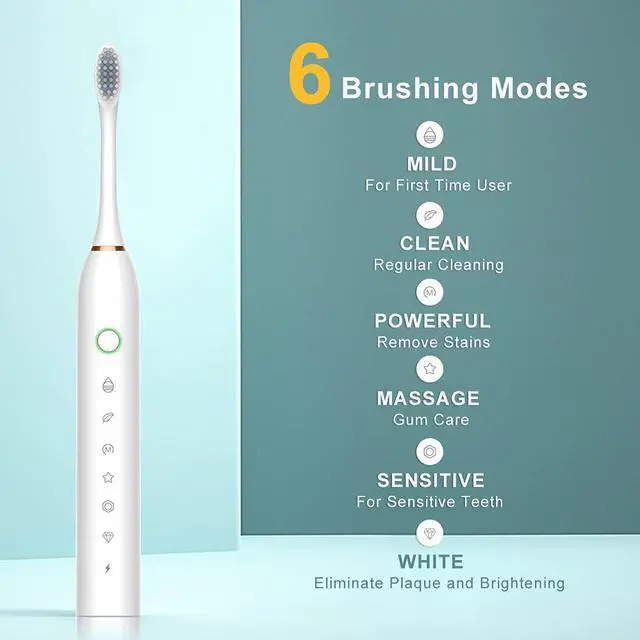 Alt view image 3 of 7 - 2 Pack Sonic Electric Toothbrush for Adults, 6 Modes 42000vpm, Smart Timer, 8 Heads (Black+White)