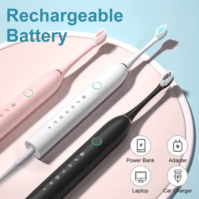 Alt view image 4 of 7 - 2 Pack Sonic Electric Toothbrush for Adults, 6 Modes 42000vpm, Smart Timer, 8 Heads (Black+White)