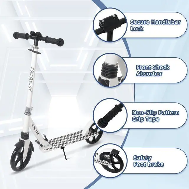 Alt view image 2 of 7 - Kick Scooter Teens Adults - 220LB Weight Capacity, Front Shock Absorber and Adjustable Handlebar - Smooth Ride with 8" Sturdy Wheels, Ideal for Outdoor Sports White