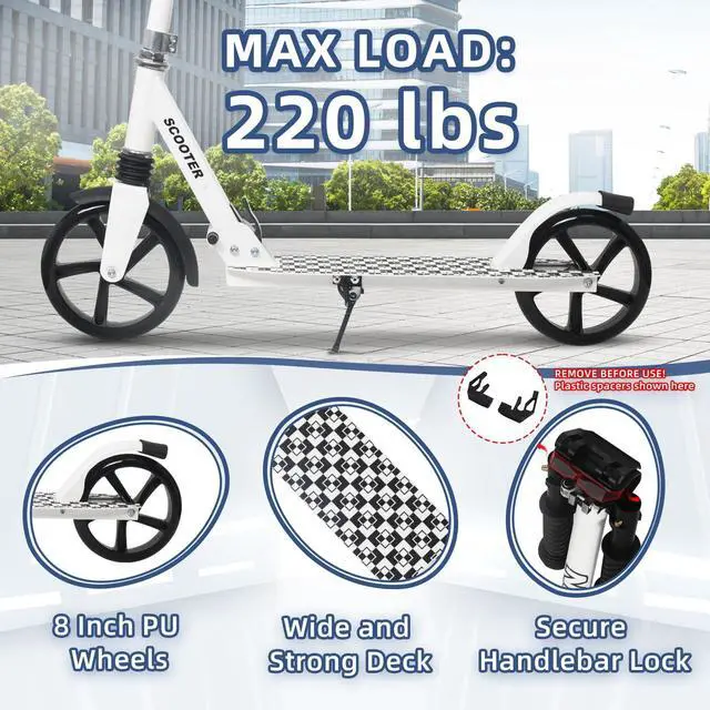 Alt view image 3 of 7 - Kick Scooter Teens Adults - 220LB Weight Capacity, Front Shock Absorber and Adjustable Handlebar - Smooth Ride with 8" Sturdy Wheels, Ideal for Outdoor Sports White