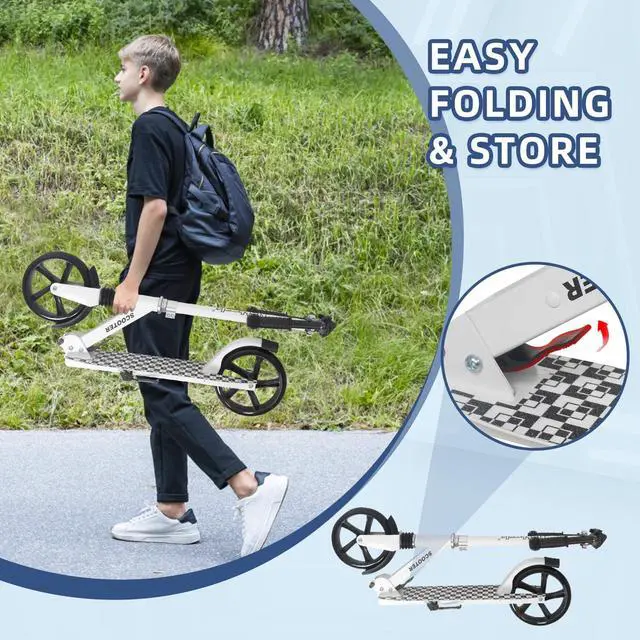 Alt view image 4 of 7 - Kick Scooter Teens Adults - 220LB Weight Capacity, Front Shock Absorber and Adjustable Handlebar - Smooth Ride with 8" Sturdy Wheels, Ideal for Outdoor Sports White