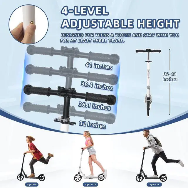 Alt view image 5 of 7 - Kick Scooter Teens Adults - 220LB Weight Capacity, Front Shock Absorber and Adjustable Handlebar - Smooth Ride with 8" Sturdy Wheels, Ideal for Outdoor Sports White