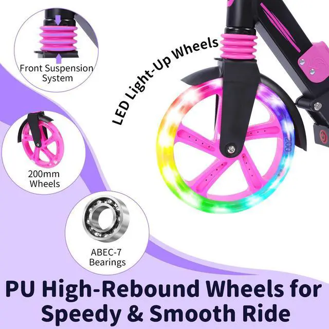 Alt view image 3 of 7 - V8 Scooters with Light-Up Wheel & Stem & Deck, 2 Wheel Folding Scooter for Adults Teens, 4 Adjustable Height, Lightweight Sport Commuter Scooter, up to 220lbs (Galaxy Purple)